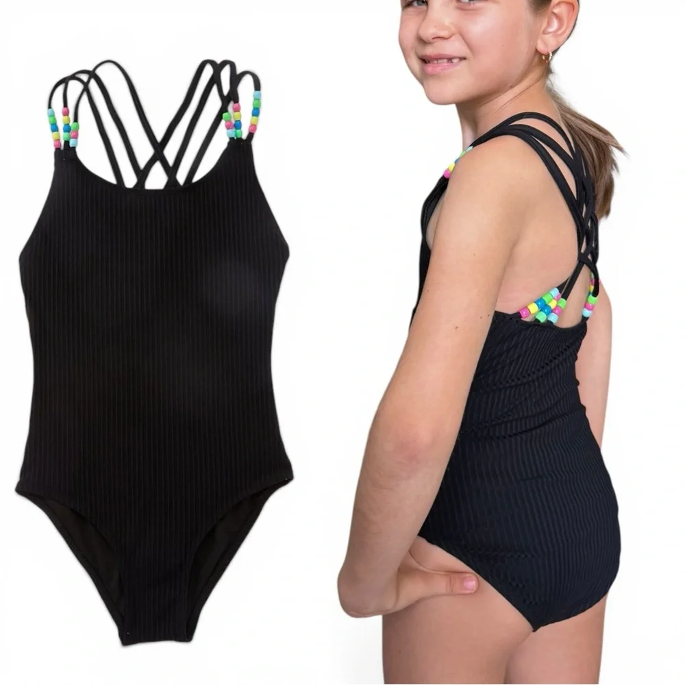 Beach Lingo Swimwear Girls One Piece Black Ribbed Strappy Back Size 7